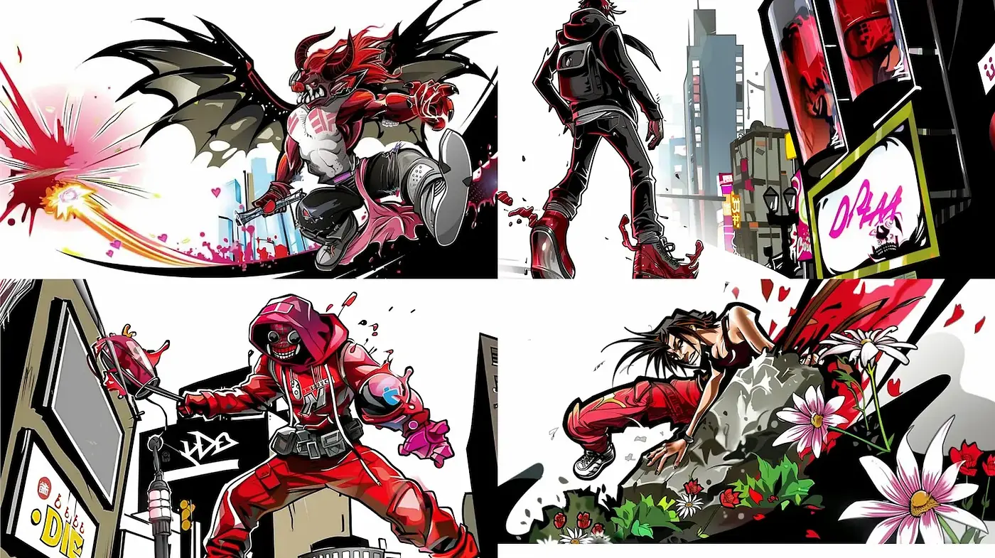 Dynamic Urban Illustrations with Bold Colors and Comic Aesthetic - Midjourney sref style