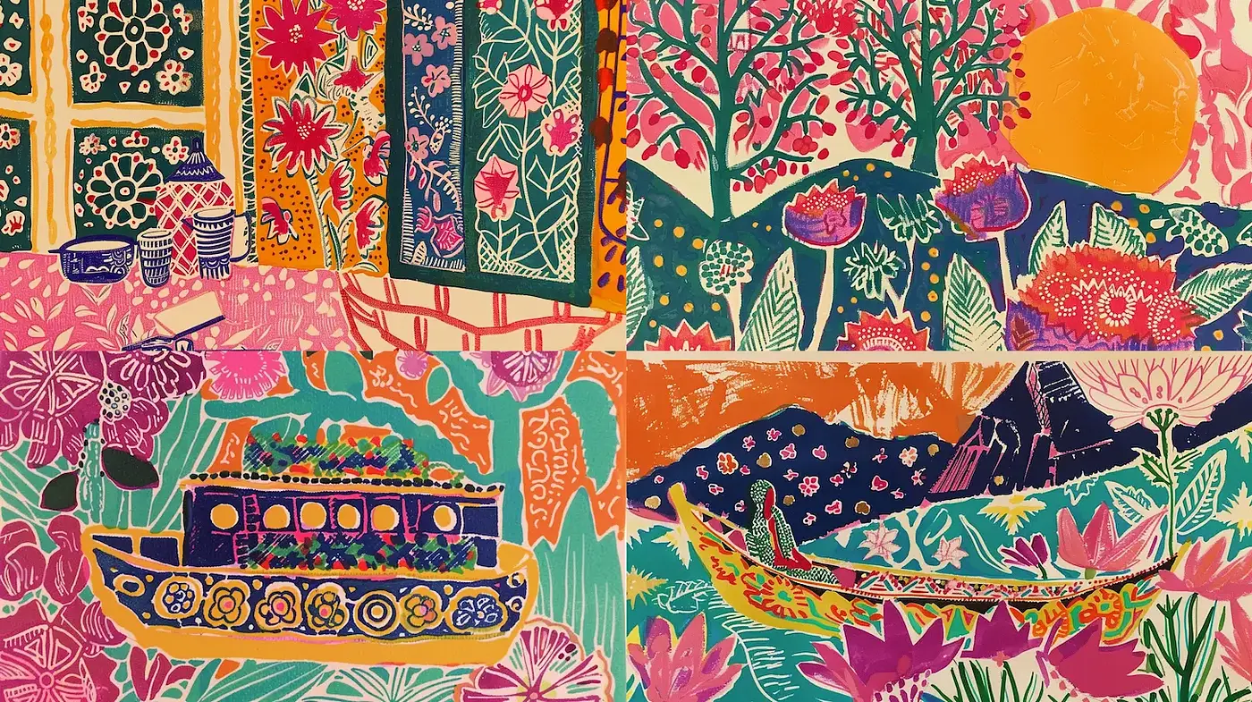 Vibrant foliage and nautical motifs in a whimsical, illustrative style - Midjourney sref style
