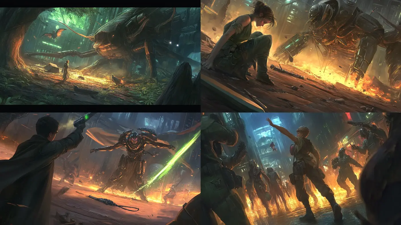 Dynamic Sci-Fi Encounter with Lush and Fiery Backdrops - Midjourney sref style
