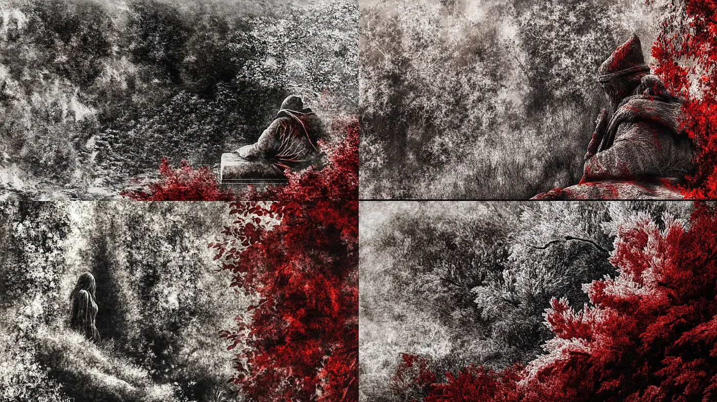 Gothic Reverie in Monochrome and Crimson - Midjourney sref style