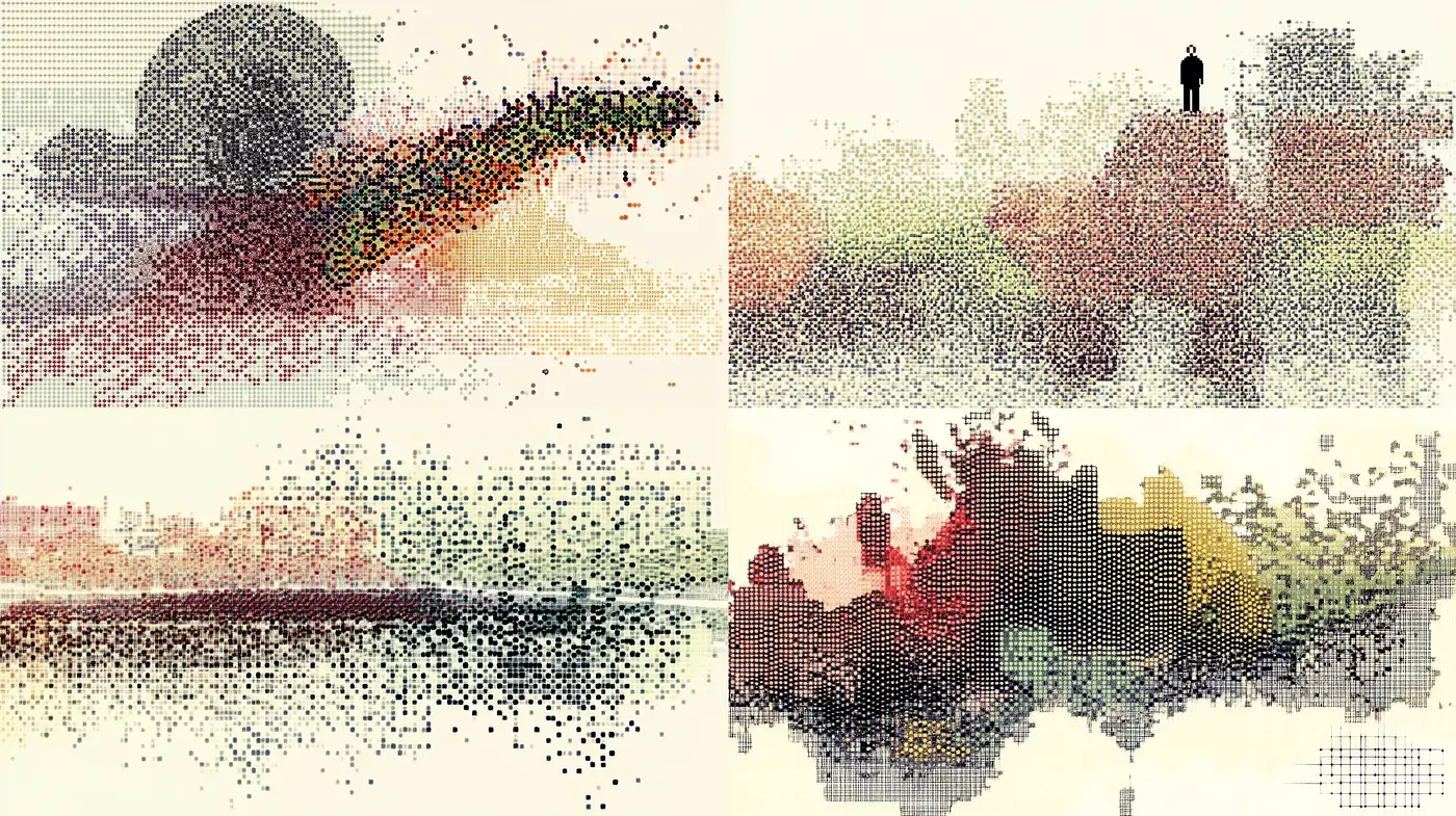 Pixelated Pointillism Fusion with Pastel Tones and Contemplative Ambiance - Midjourney sref style