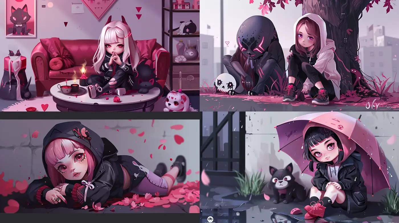 Crimson Whimsy: A Surreal Fusion of Anime and Gothic Romanticism - Midjourney sref style