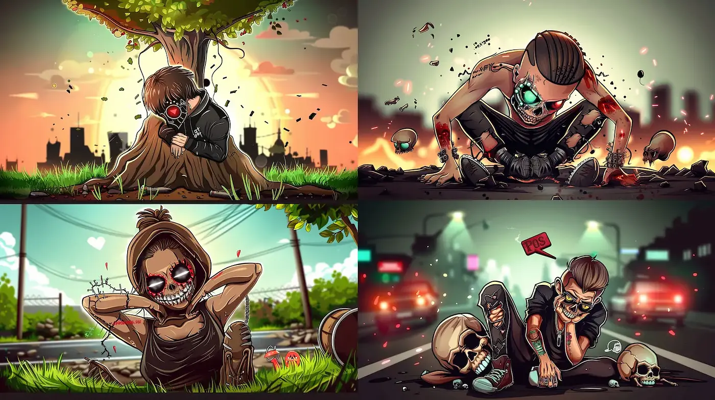Stylized, dynamic illustrations with a blend of urban themes and playful, cartoonish elements - Midjourney sref style