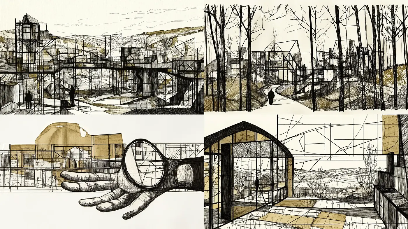 Monochrome Linear Intricacy: An Exploration of Architectural Sketch Artistry - Midjourney sref style