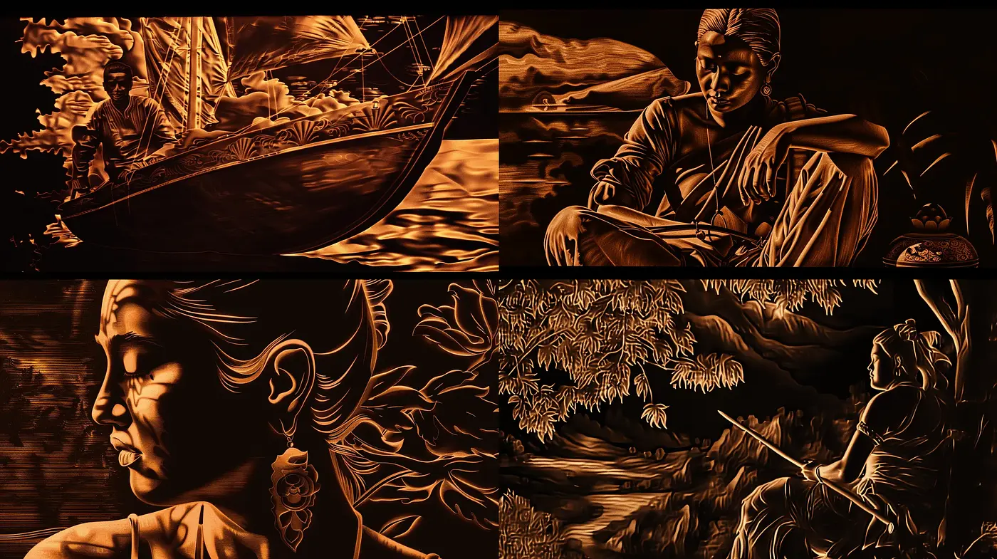 Auburn Sepia Tones of Stylized Cinematic Tableaus - Midjourney sref style