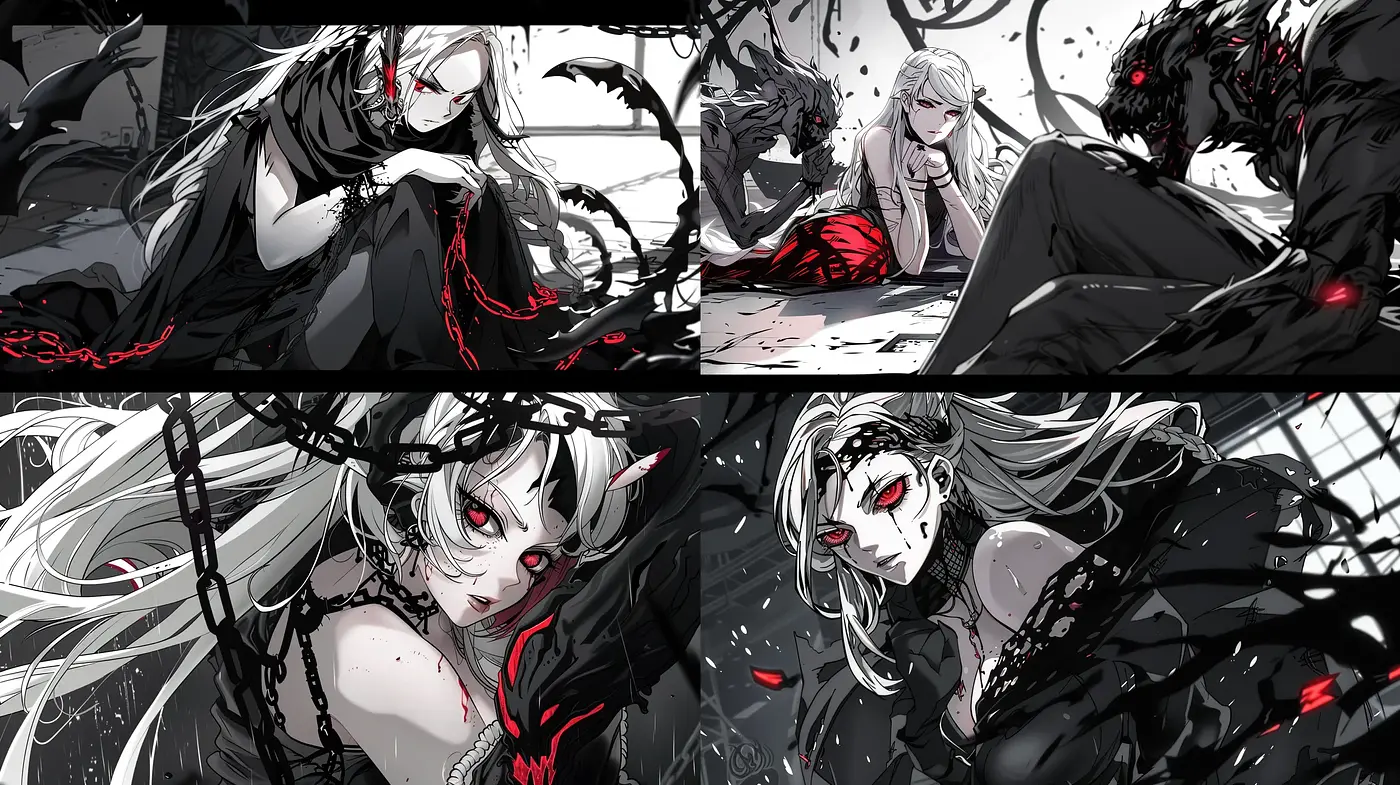 Monochrome Elegance with Crimson Accents: A Gothic Anime Fusion - Midjourney sref style