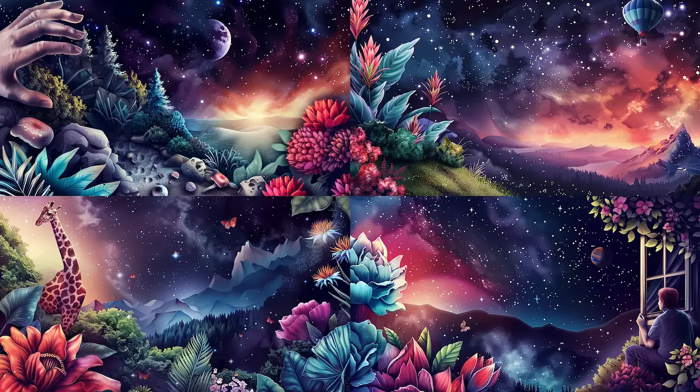 Vividly Surreal Landscapes with Extravagant Flora and Celestial Elements - Midjourney sref style