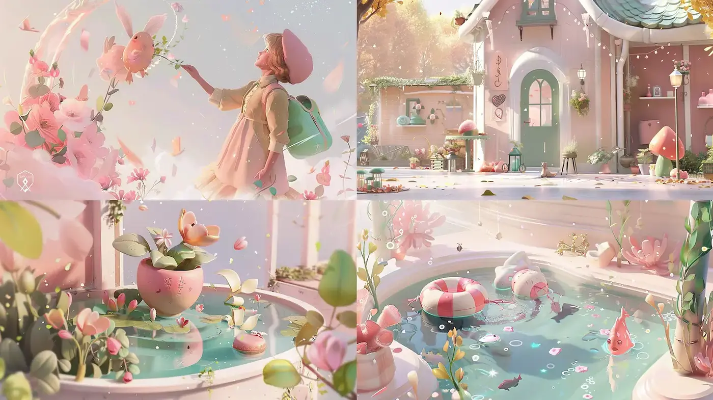 Whimsical pastel dreamscape with enchanting details - Midjourney sref style