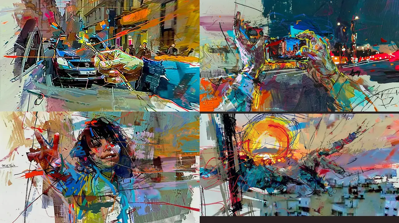 Dynamic and expressive street scenes with vibrant brushwork and abstraction - Midjourney sref style