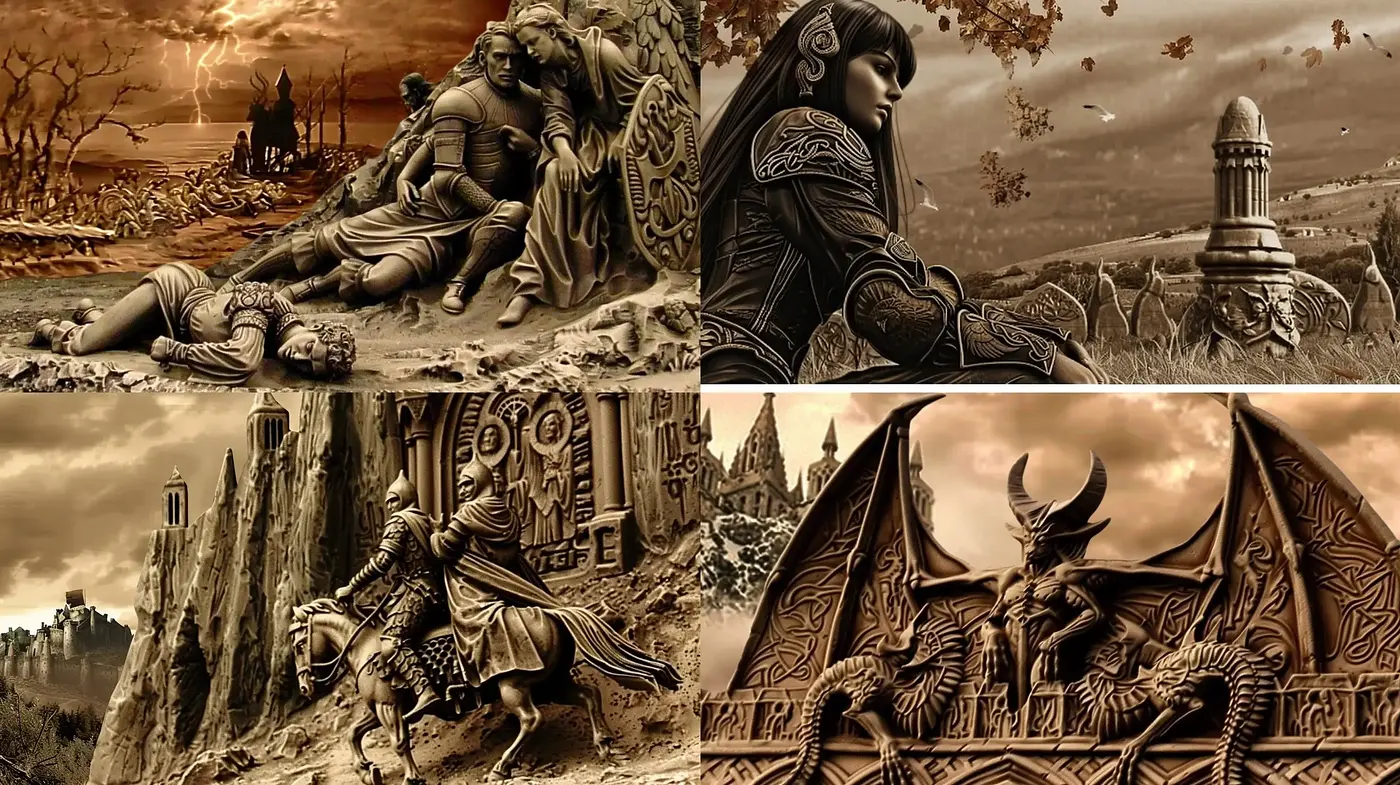 Sepia-Toned Mythological Tapestry - Midjourney sref style