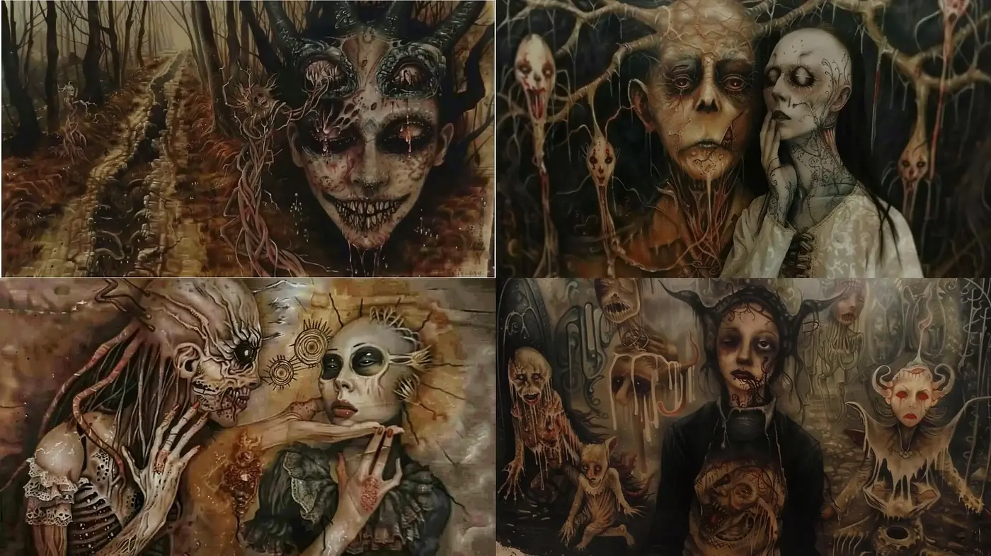 Eerie Gothic Tapestry: A Dark Symphonic Blending of Macabre Surrealism and Folkloric Elements - Midjourney sref style