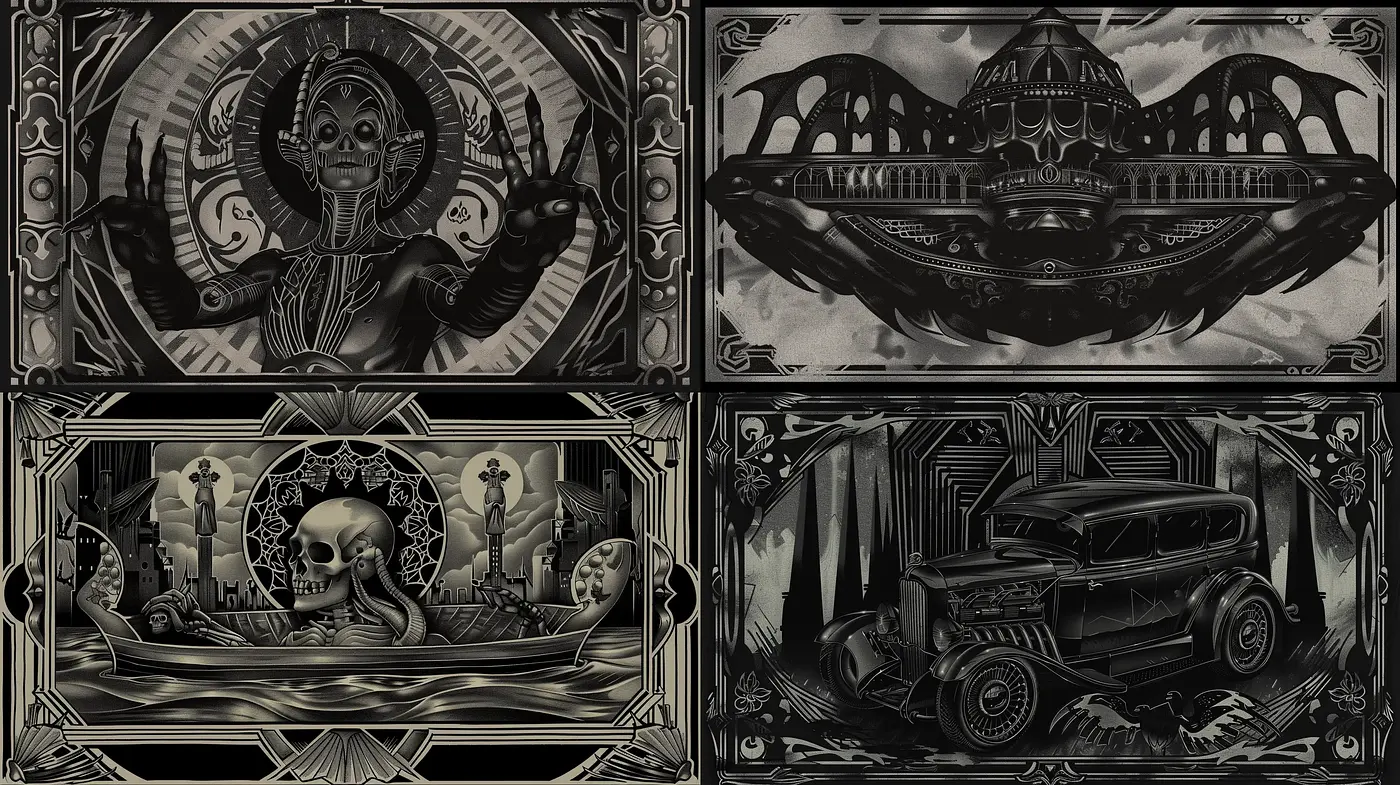 Monochrome Fantasia: A Homage to the Gothic Art Nouveau - Midjourney sref style