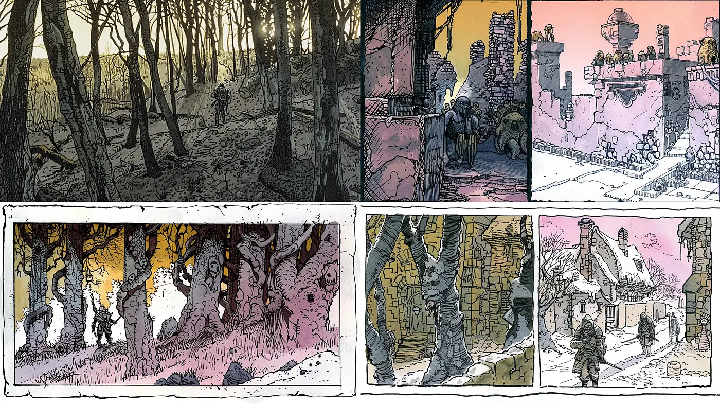 Dusky Hues and Inked Edges: A Stylized Blend of Graphic Novel and Illustration Artistry - Midjourney sref style