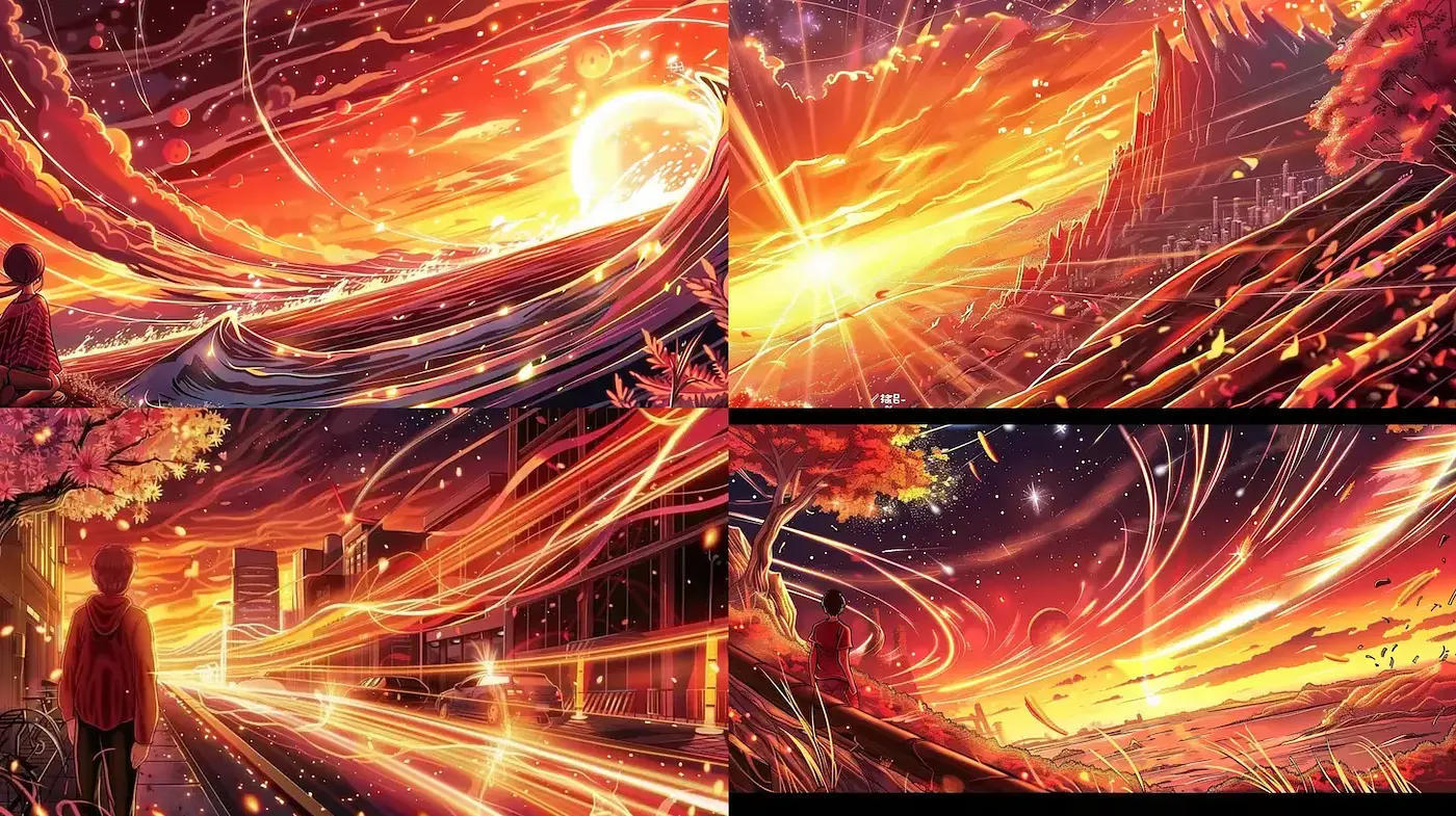 Vivid, dynamic sunset landscapes with ethereal lighting effects - Midjourney sref style