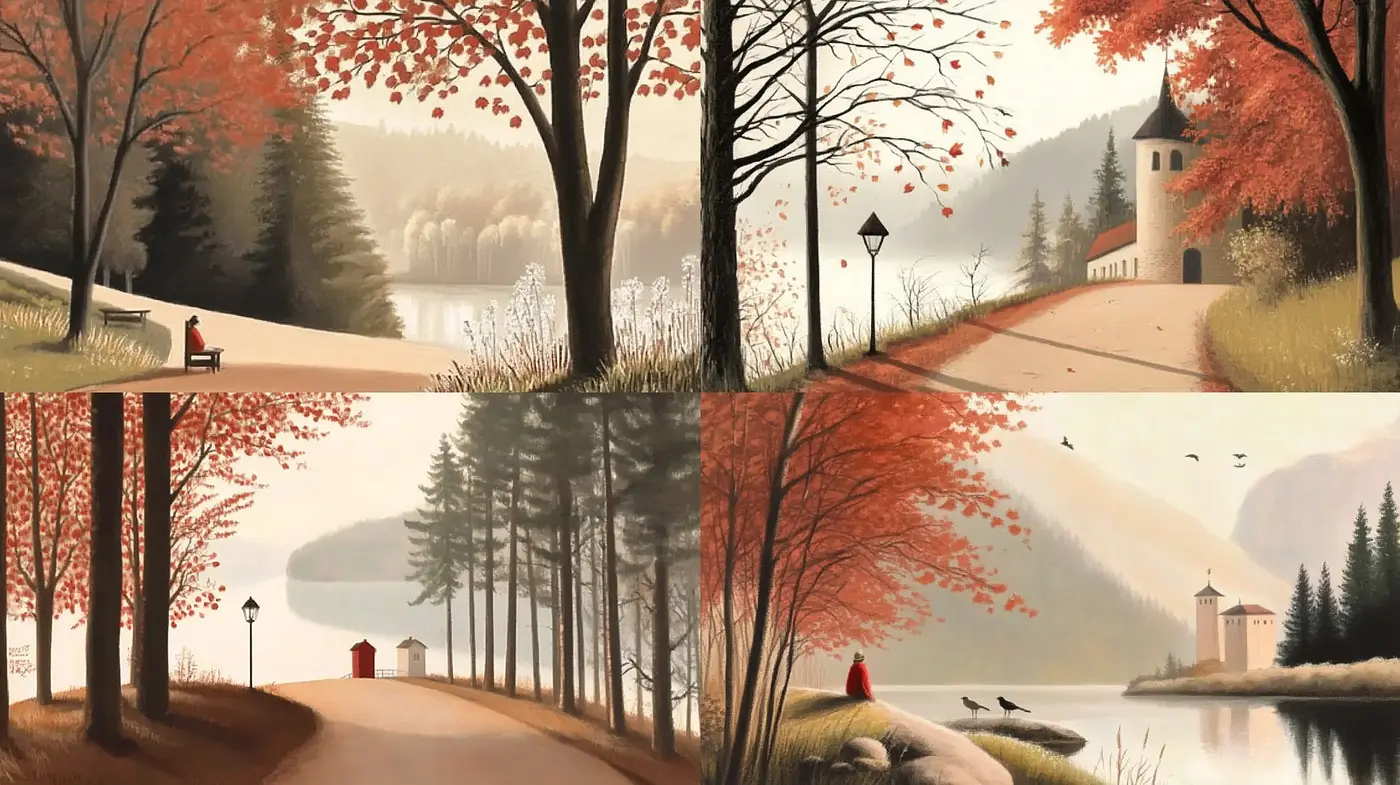Serene Autumn Reflections in Stylized Pastoral Vistas - Midjourney sref style