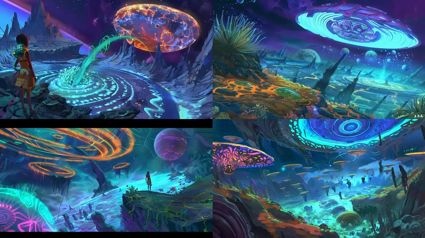 Futuristic Cosmic Landscapes with Alien Influences - Midjourney sref style