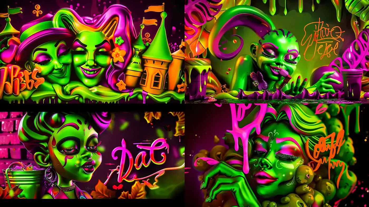 Vibrant Neon Urban Graffiti with Playful Characters - Midjourney sref style
