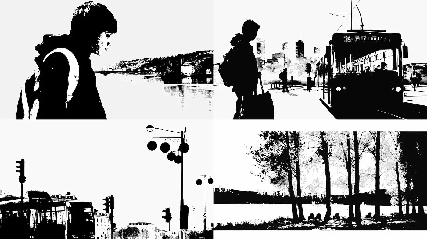 Monochromatic Urban Journeys: A Study in Shadows and Shapes - Midjourney sref style