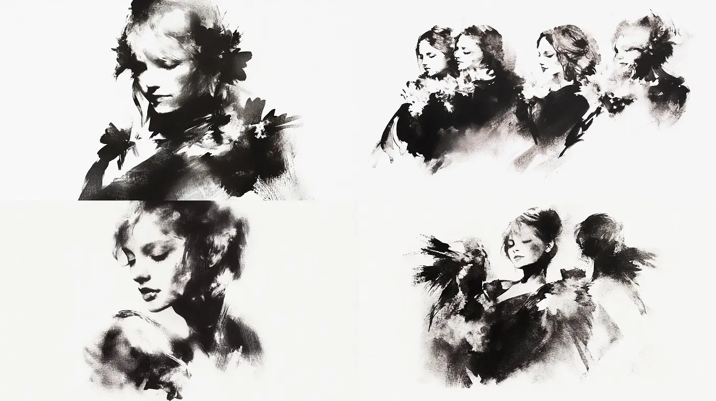 Ephemeral Charcoal Elegance: A Study in Monochrome Fluidity - Midjourney sref style