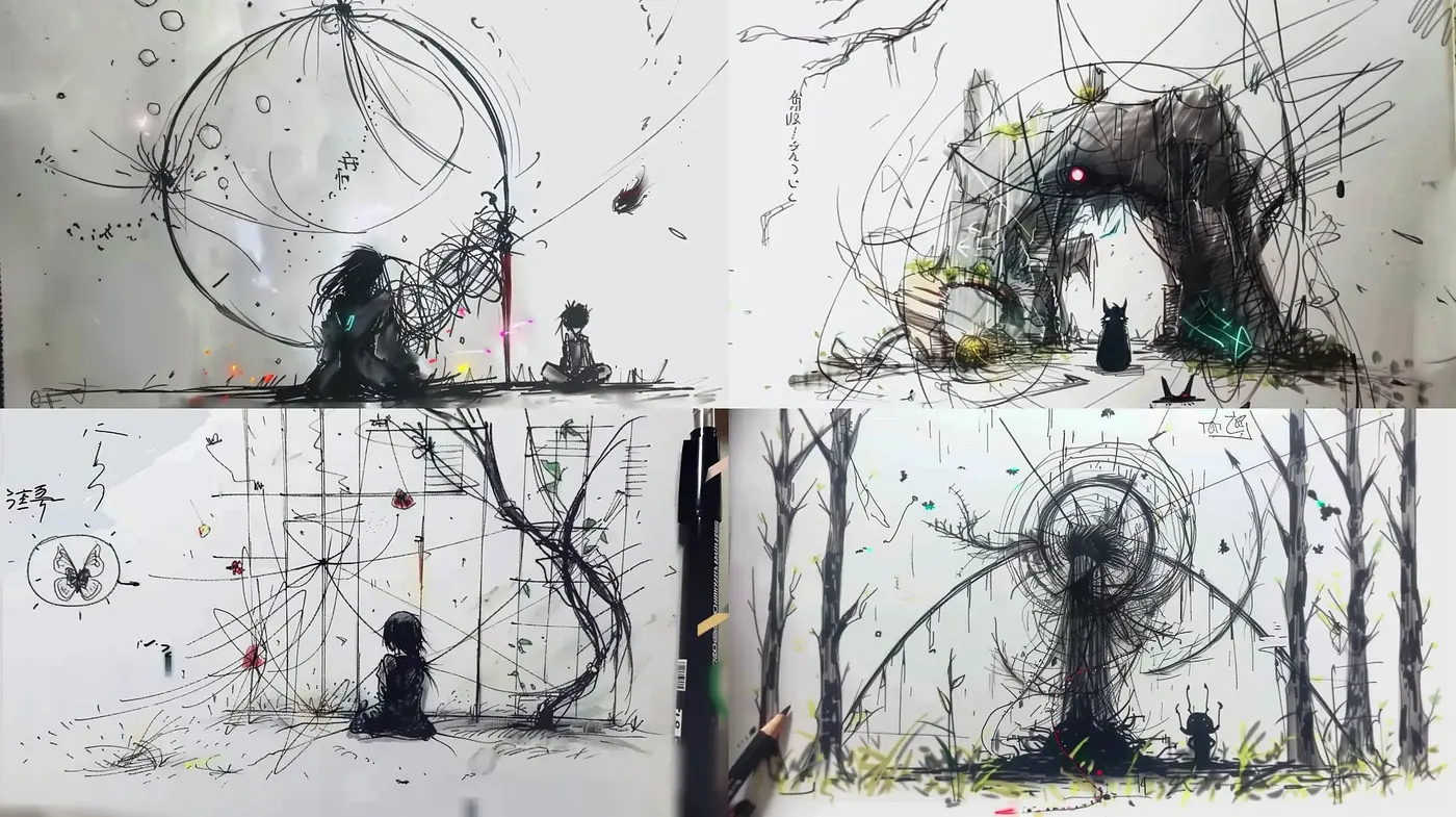 Abstract Dystopian Sketches with Ethereal Ambiance - Midjourney sref style