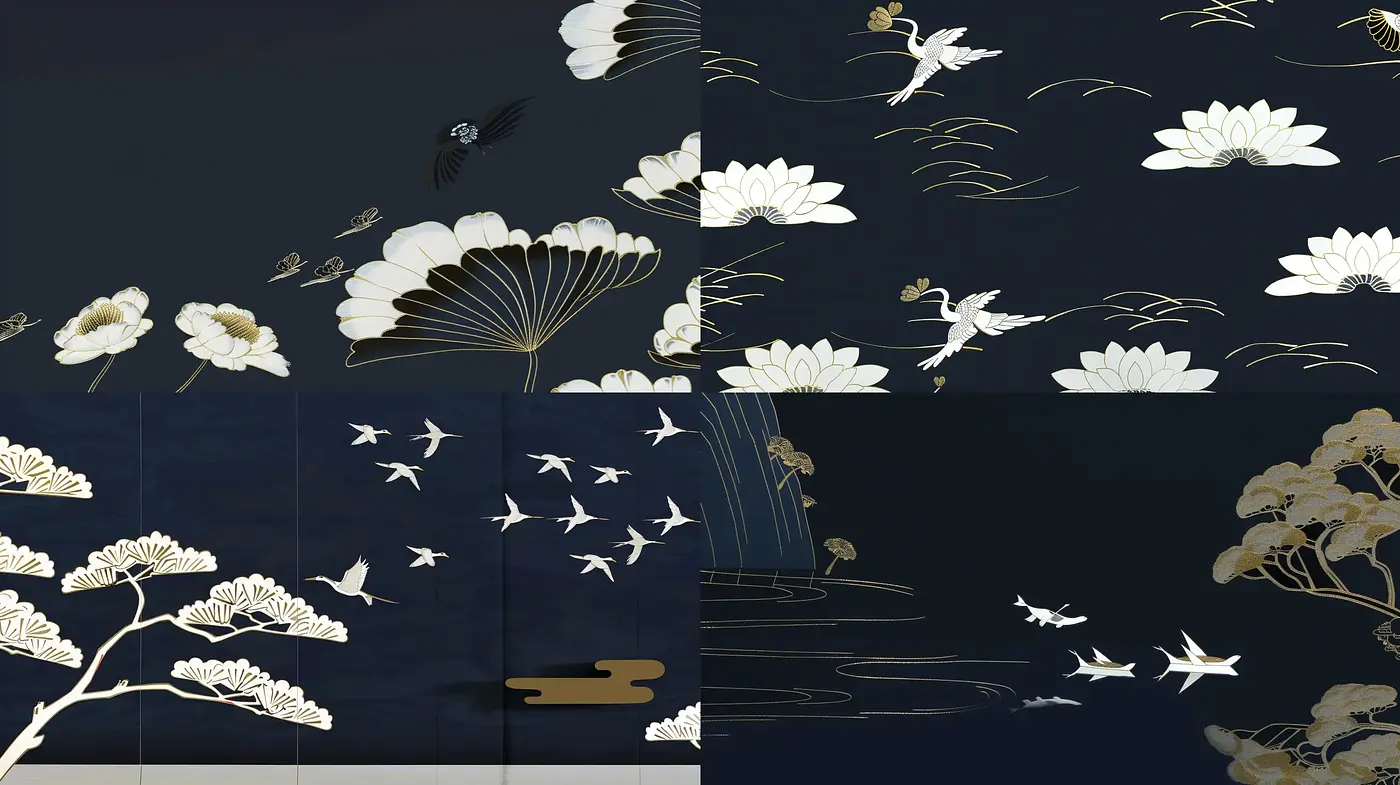 Elegant Oriental Floral and Fauna with Gold Accents - Midjourney sref style