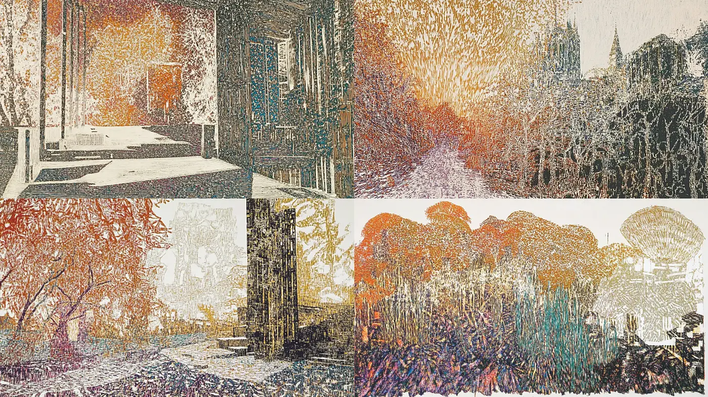 Abstract Textural Ensemble with a Hint of Pointillism - Midjourney sref style