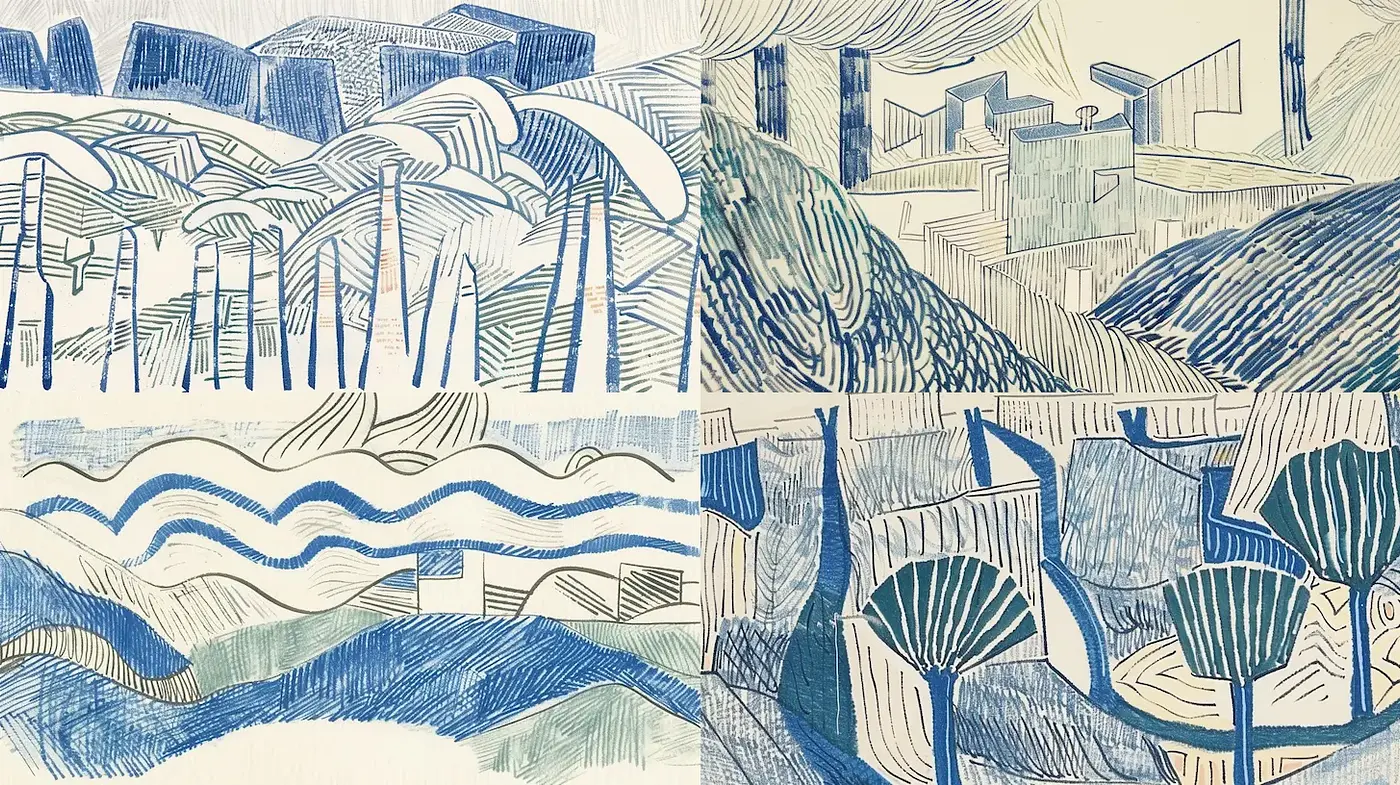 Consistent Artistic Exploration of Abstract Landscapes with a Minimalist Approach - Midjourney sref style