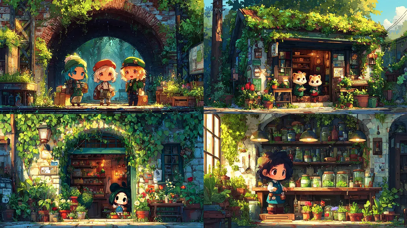 Charming Whimsy with Nature's Embrace in Playful Illustrations - Midjourney sref style