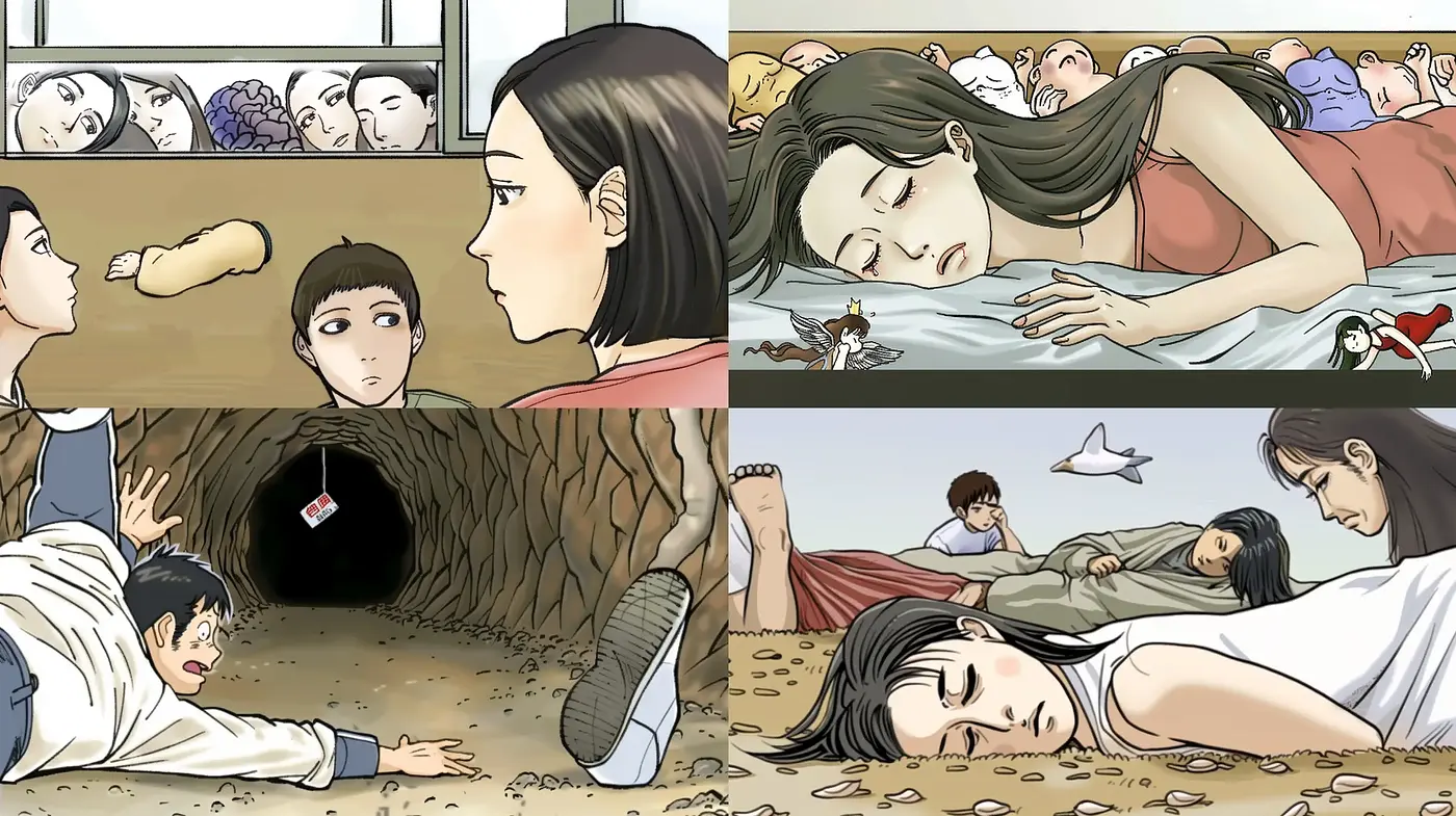 Serene Narrative Illustrations with Surreal Undertones - Midjourney sref style