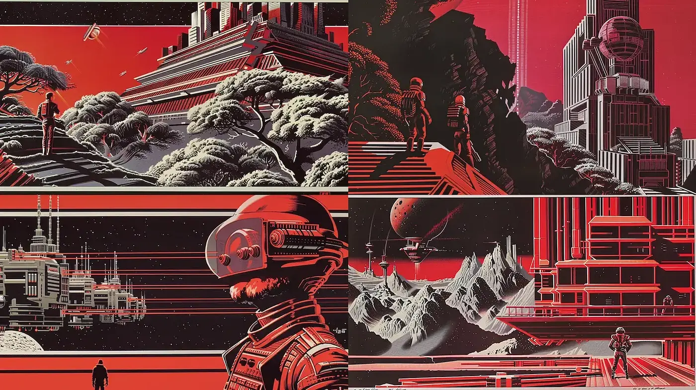 Futuristic Retro Science Fiction Dreamscape - Midjourney sref style
