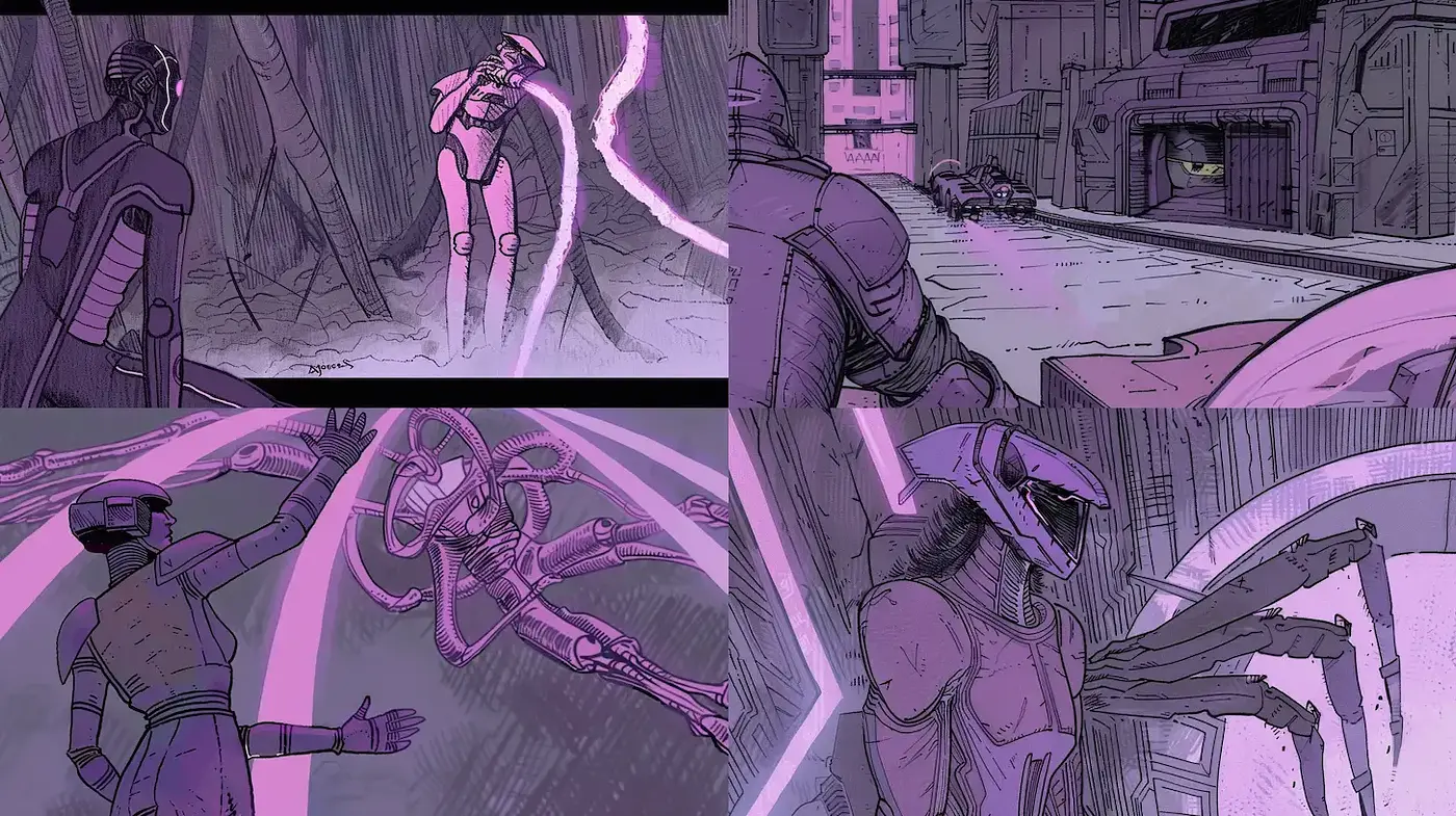 Futuristic Cyber-Noir Illustrative Panorama - Midjourney sref style