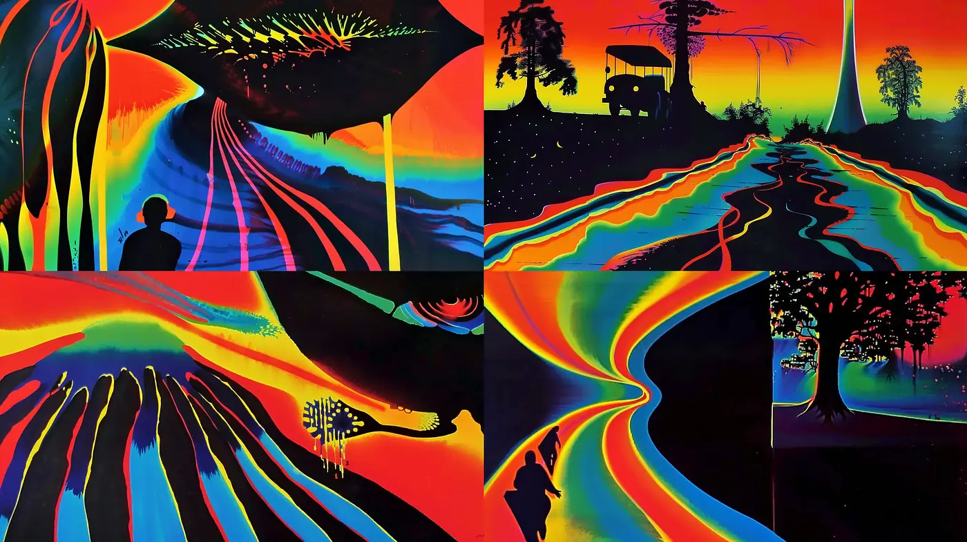 Intense Psychedelic Landscapes with Vibrant Op Art Influences - Midjourney sref style