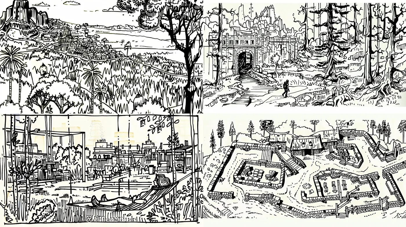 Intricate Monochrome Line Art Illustrations With a Feel of Historical Exploration - Midjourney sref style