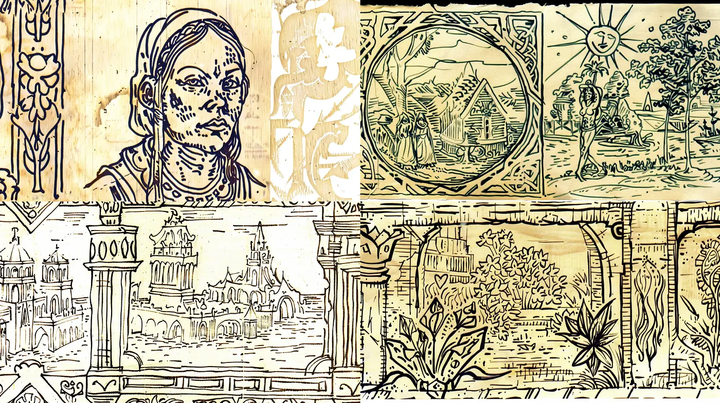 Aged Parchment and Ink Illustrations Collection - Midjourney sref style