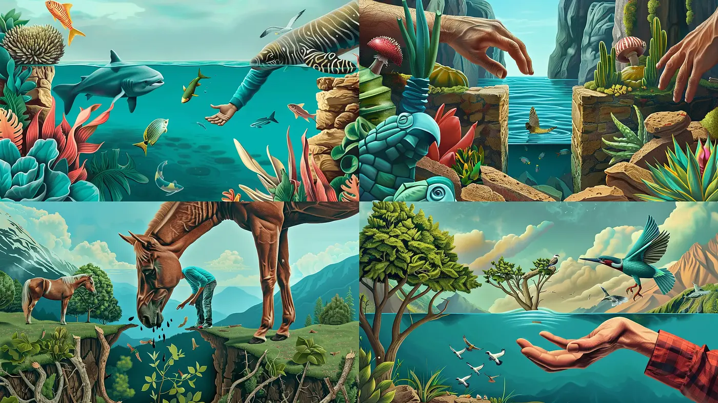 Surreal Panoramic Tapestry: A Fusion of Natural Majesty and Peculiar Curiosities - Midjourney sref style