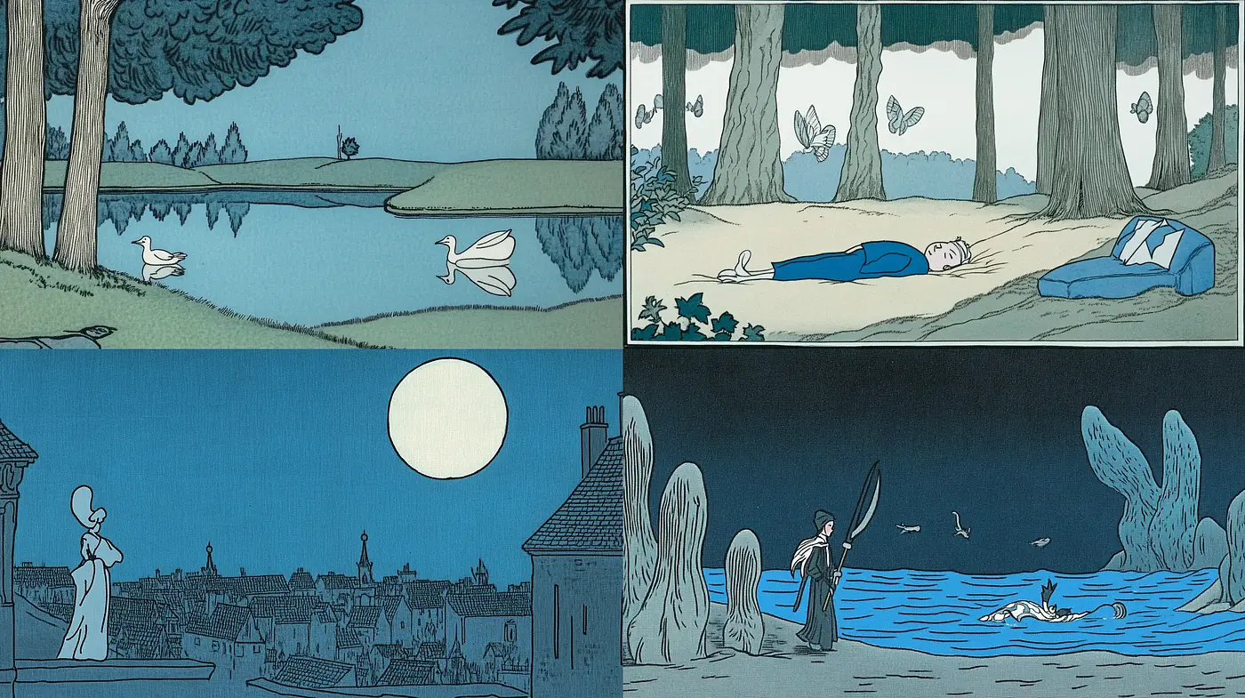 Ethereal Nocturnes with Serene Blue Palettes - Midjourney sref style