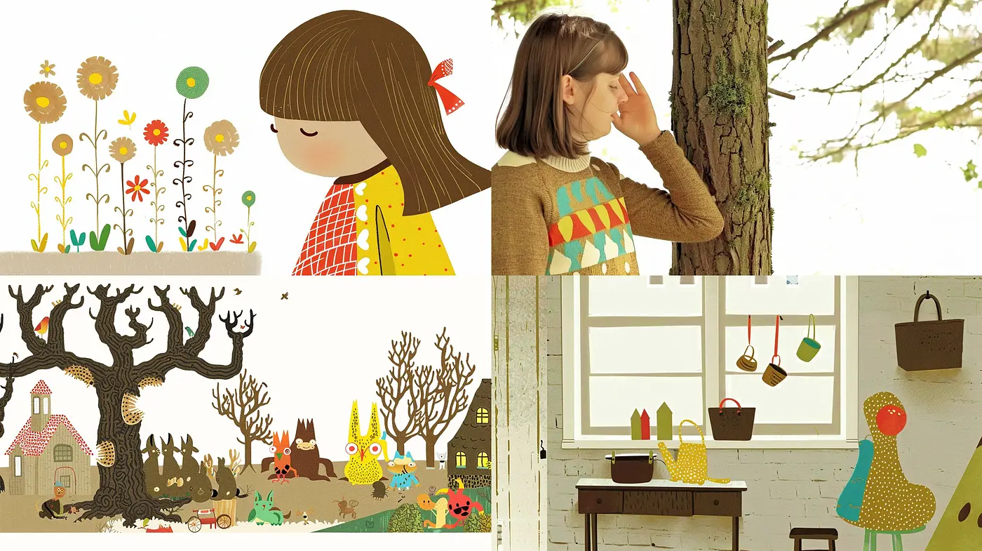 Consistent Whimsical Enchantment: A Harmonious Blend of Warm Tones and Textured Illustration - Midjourney sref style