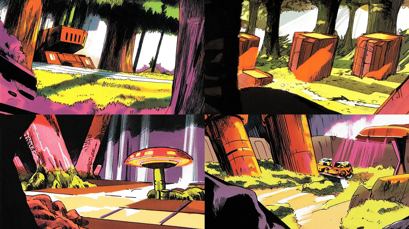 Lush and Stylized Otherworldly Comic Sceneries - Midjourney sref style