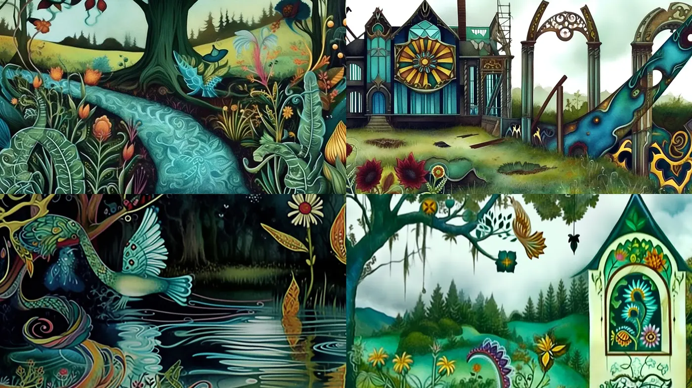Enchanted Nature's Palette: Whimsical Fusion of Florals and Landscapes - Midjourney sref style