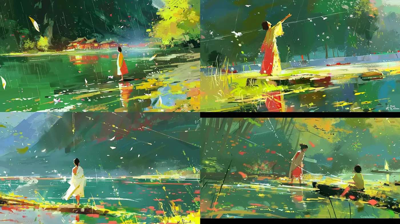 Abstract Expressionist Lakeside Vignettes with Vibrant Impasto Strokes - Midjourney sref style