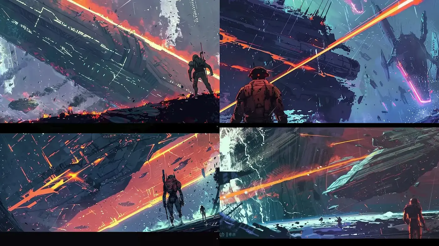 Dynamic Sci-Fi Landscape with Futuristic Elements and Intense Lighting - Midjourney sref style