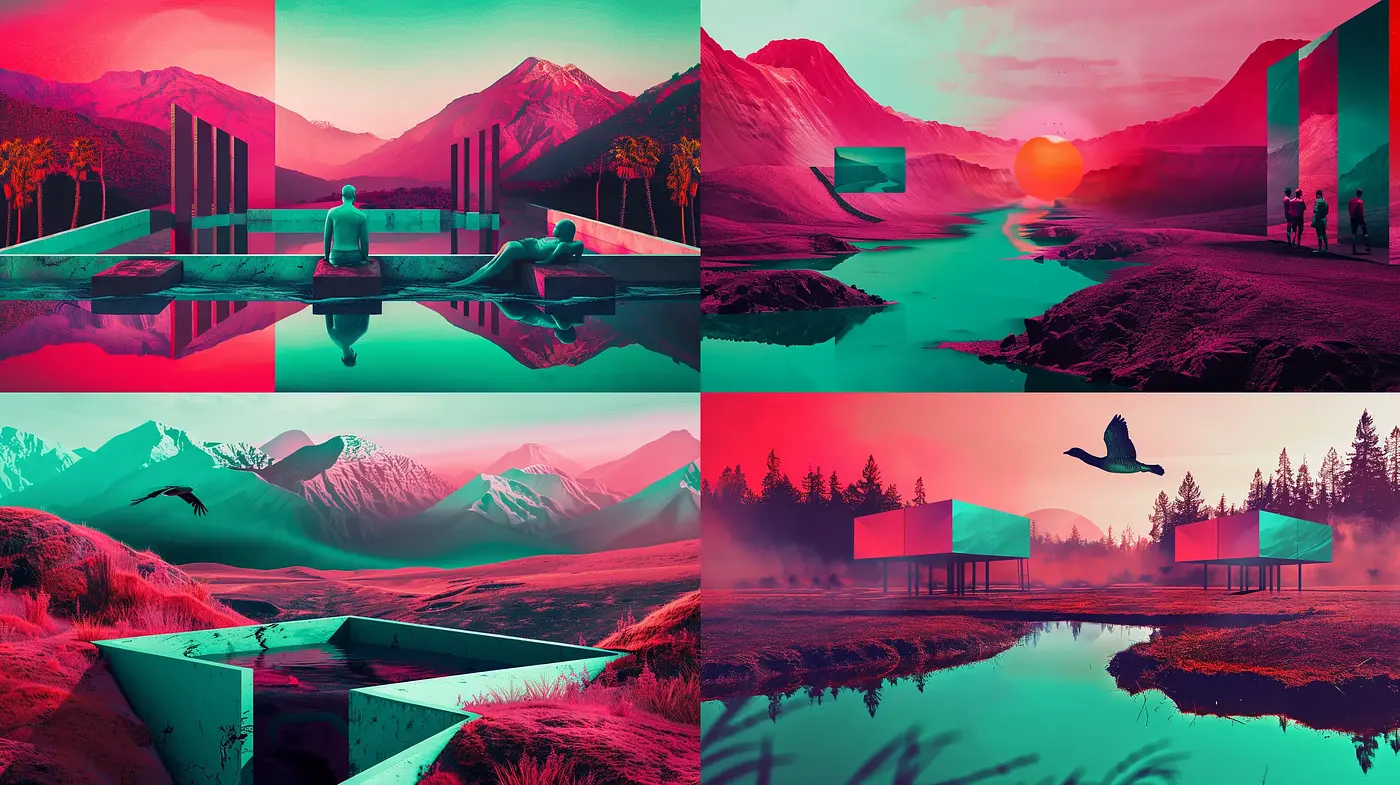Surreal Twilight Vistas: A Study in Synthetic Magenta and Cyan Harmony - Midjourney sref style
