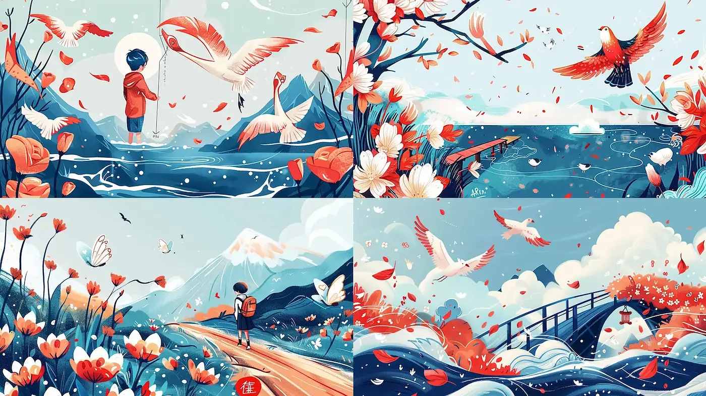 Whimsical and Serene Nature Scenes with Consistent Color and Composition - Midjourney sref style