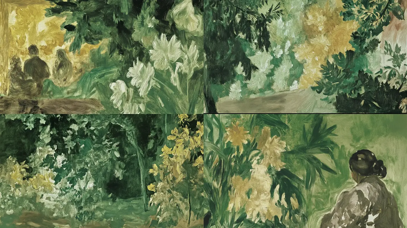 Pastiche of Impressionist Garden Scenes with Soothing Earthy Color Schemes - Midjourney sref style