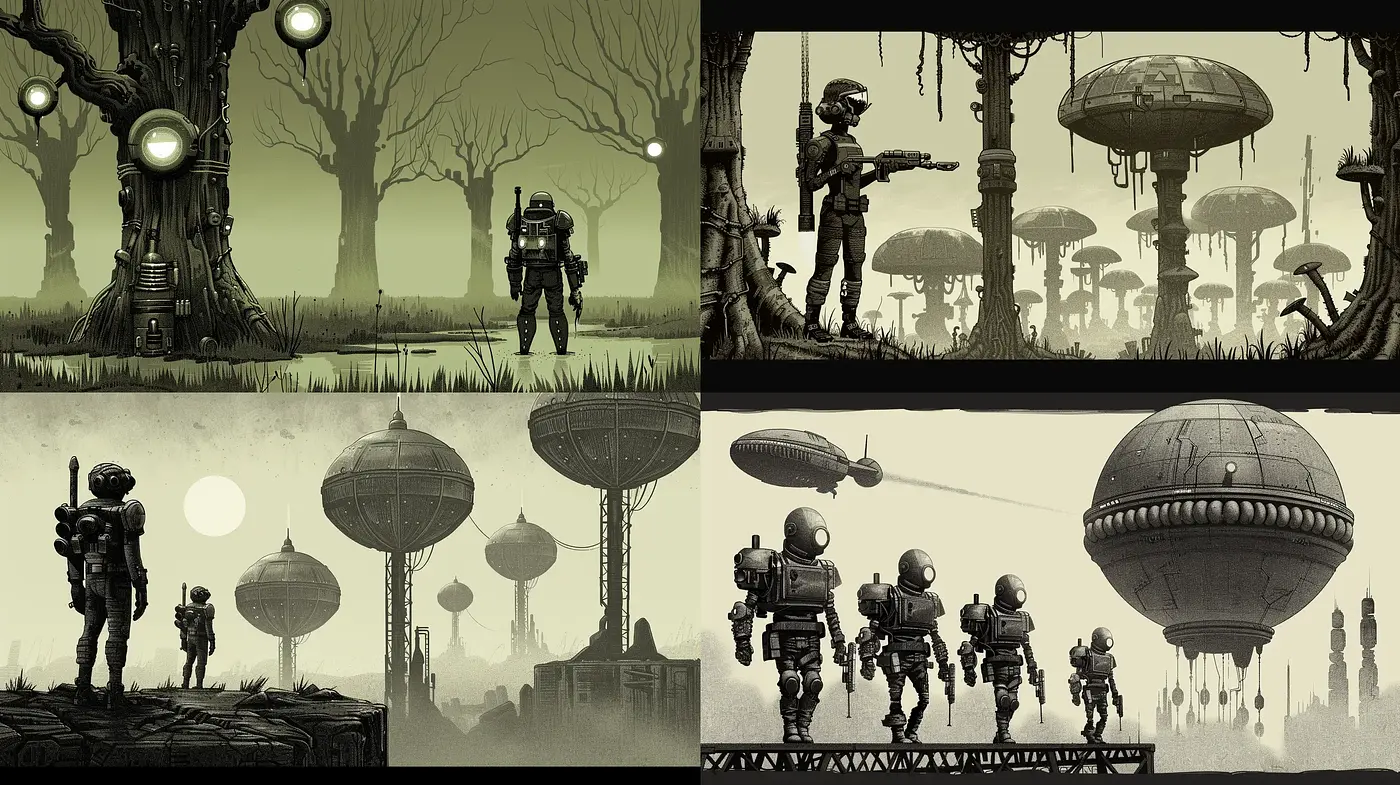 Monochromatic Steampunk Silhouettes and Atmospheric Serenity - Midjourney sref style