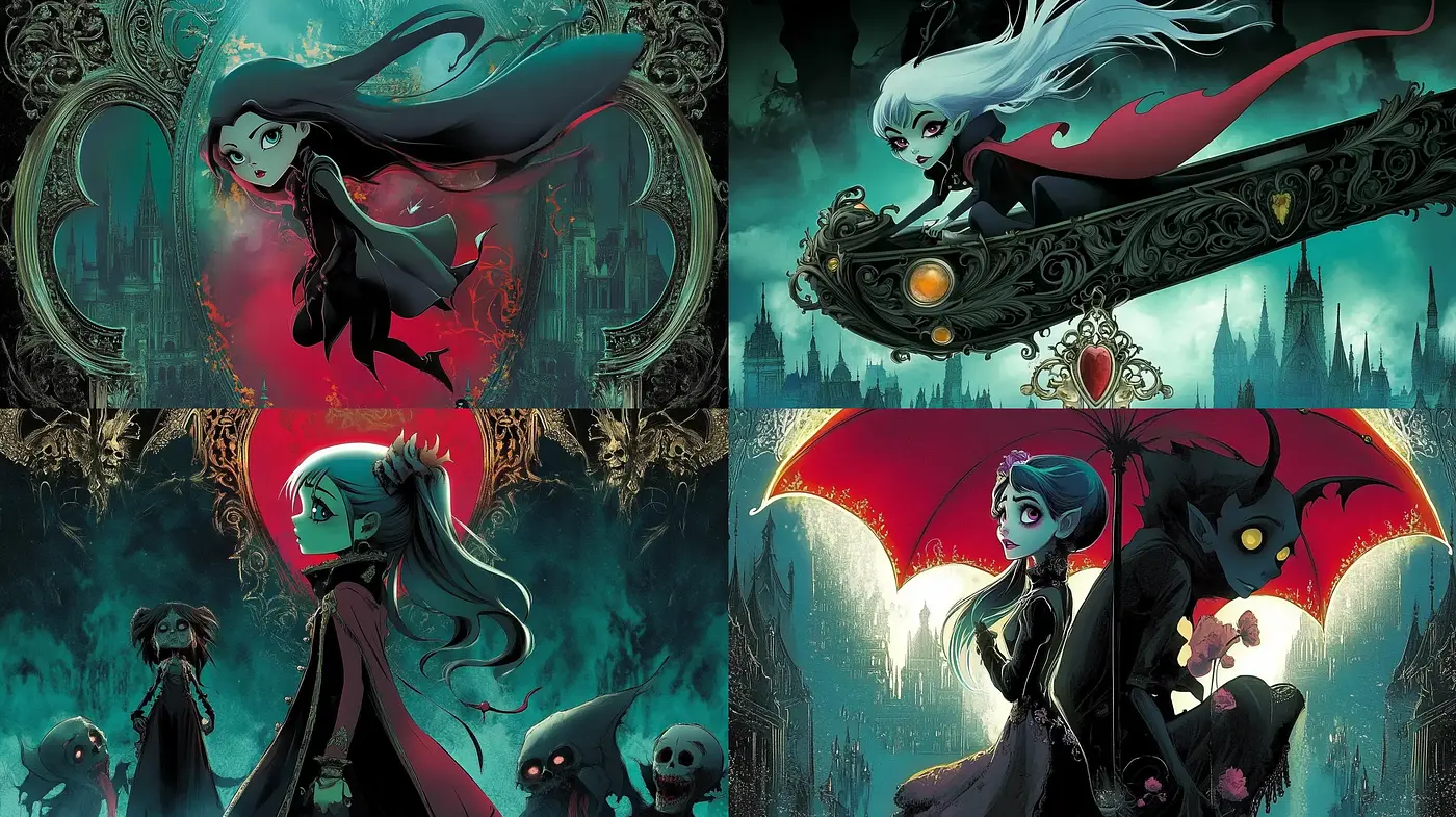 Gothic Whimsy: An Enchanting Meld of Dark Fantasy and Vibrant Imagery - Midjourney sref style