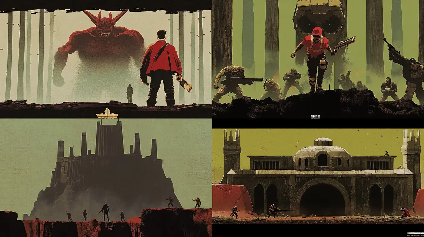 Epic Saga of Crimson and Verdigris: An Homage to Cinematic Fantasy and Dystopia - Midjourney sref style