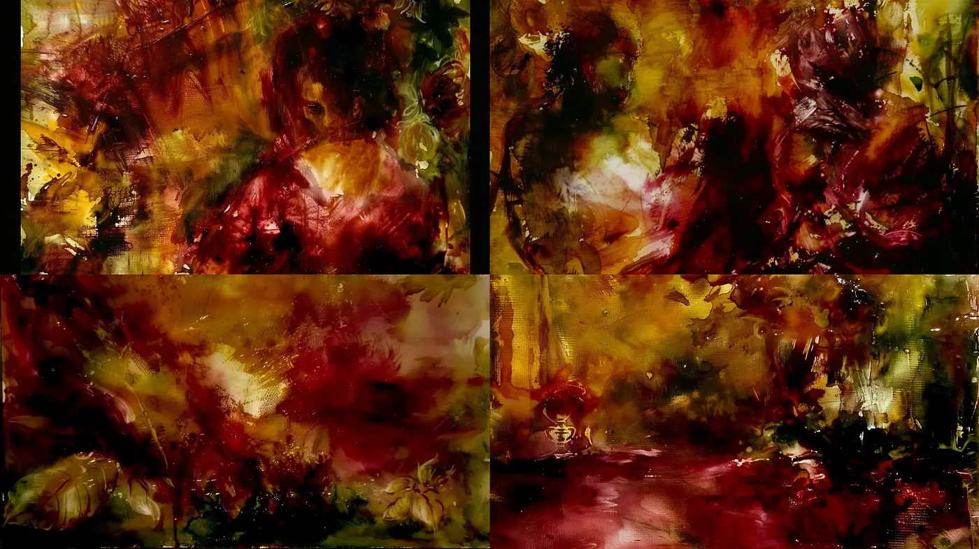 Abstract Ochre Illuminations: A Dreamlike Fusion of Warm Hues and Fluid Brushwork - Midjourney sref style