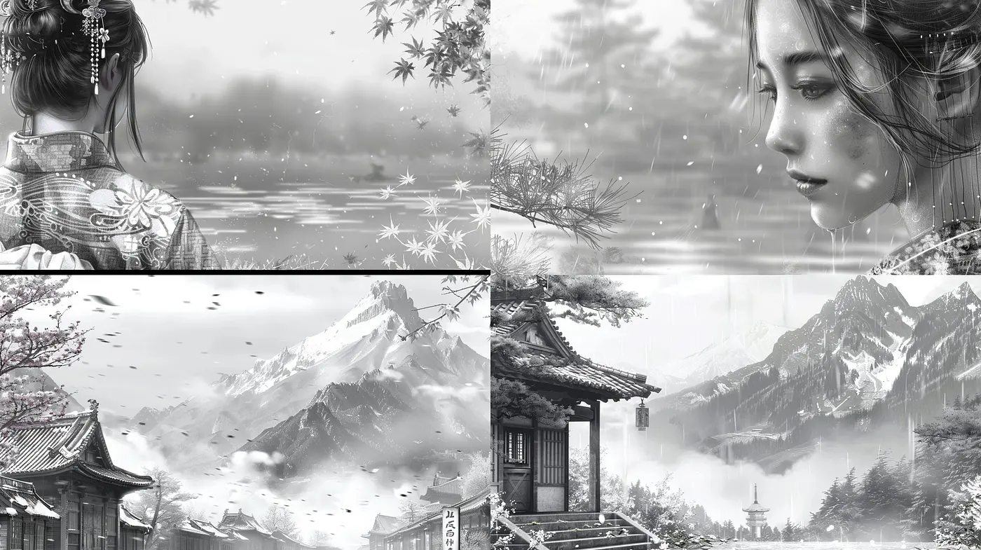 Monochromatic Elegance: A Homage to the Grace and Tranquility of East Asian Imagery - Midjourney sref style