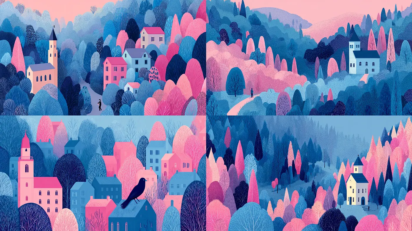 Consistently Styled Illustrative Landscape with a Soft Color Palette - Midjourney sref style